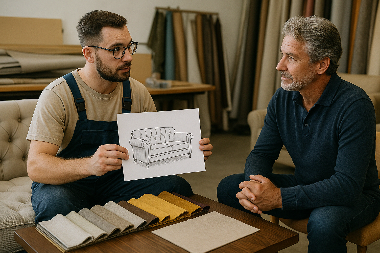Professional consultation meeting with craftsman showing design sketches and material samples to client